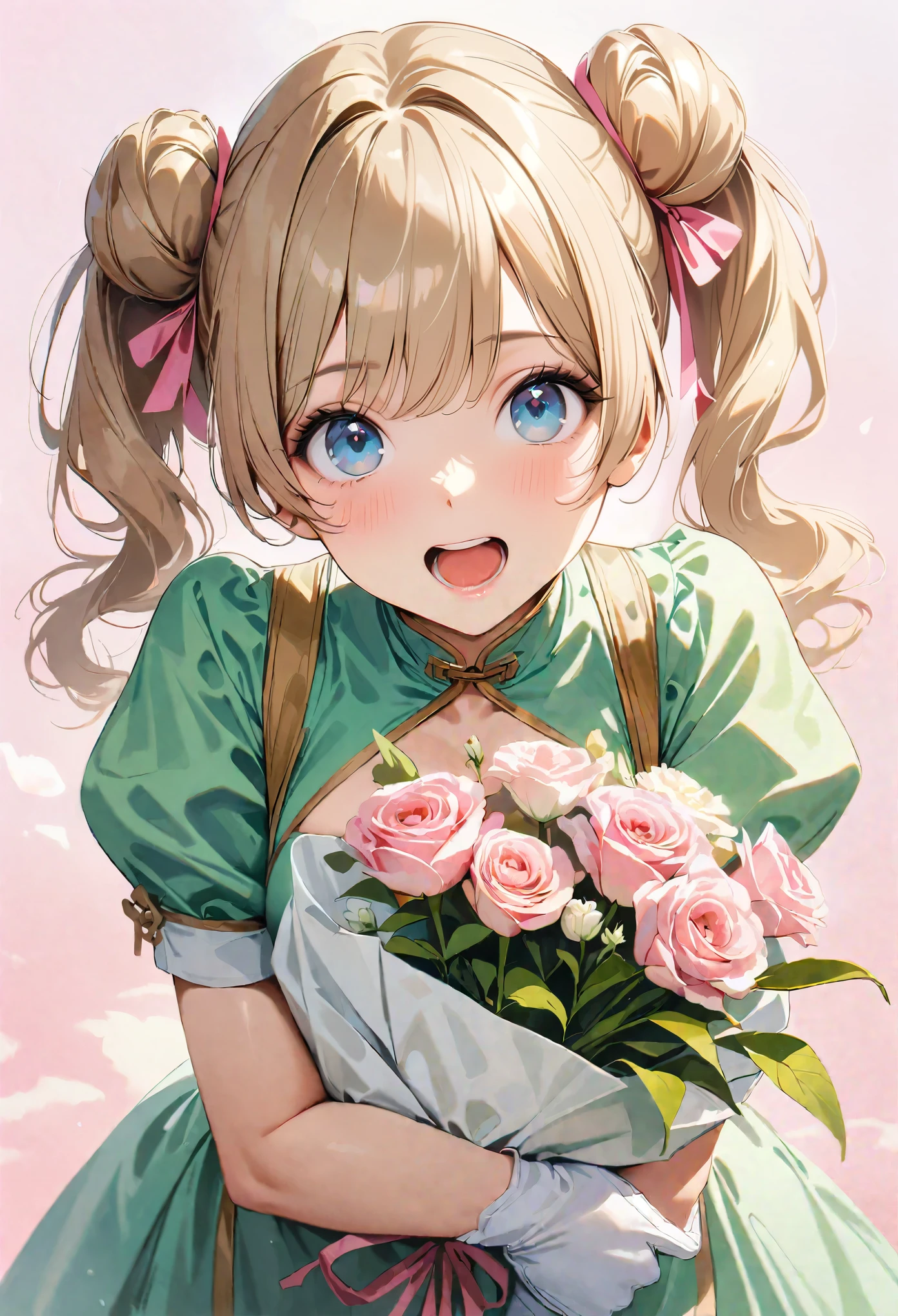 30 years old,1 mature woman,hyperrealistic, 8k, (extremely detailed 8k), (very delicate and beautiful), (masterpiece), (better quality:1.0), (ultra high resolution:1.0), (masterpiece, best quality), cute,blonde,cleavage cutout,(broen dress:1.3),gleaming skin,twintails,twin bun,a pink ribbon on the head,long hair,pastel green chinese maid dress,pastel green chinese dress,white long gloves,hold a bouquet of flowers,face and body straight at the camera,a bunch of flowers,POV,bust shot,white frill,puffy sleeves,laugh with open mouth,tareme,sky blue eyes,short truffle half apron,a gold buckle around someones neck,white corset,pink background,pink