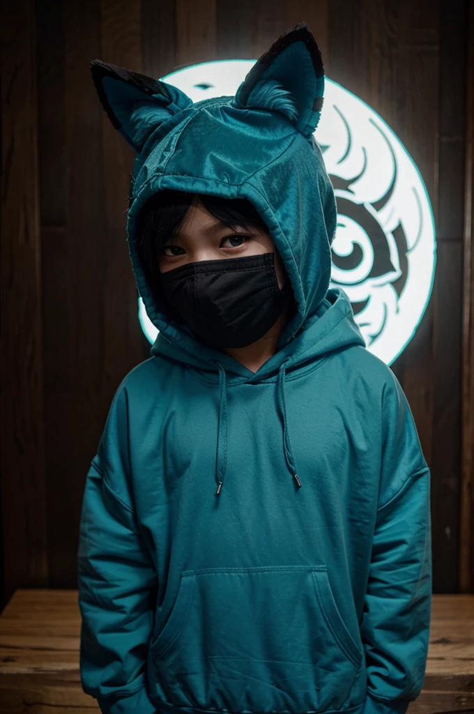 Make me a boy, with cyan hair, a black hoodie, wearing a kitsune mask, and behind him is a kitsune animal