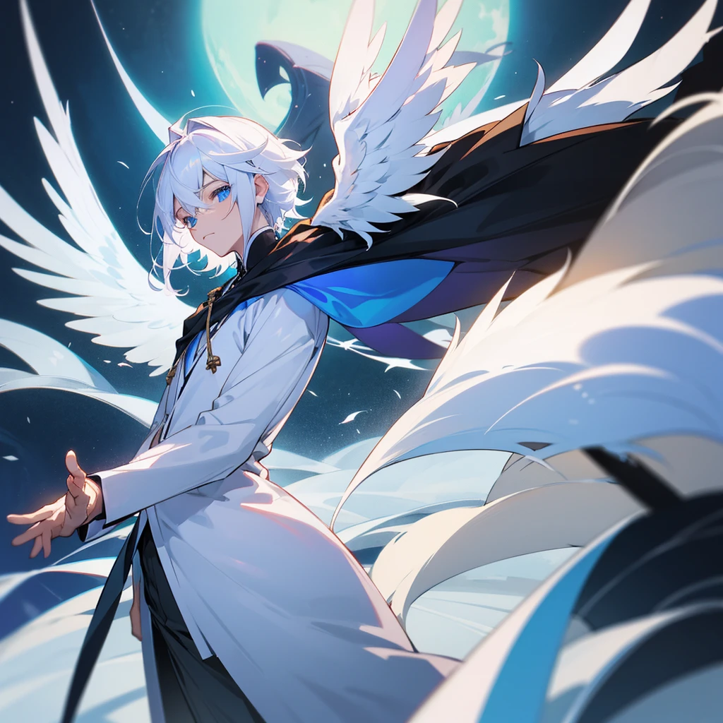 Male angel with blue eyes and white hair With halo and wings, anime style, Black clothes