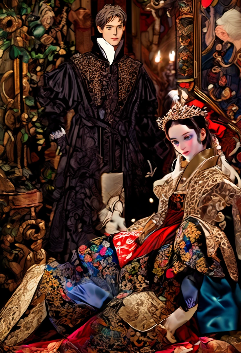 Masterpieces visually(8K)(High Resolution, Ultra Detailed), Showing a very late 1500s Elizabethan Enbglish Handsome young upper middle class couple male and female in classic period Elizabethan fashions clothings attires dress animated kinda anime style