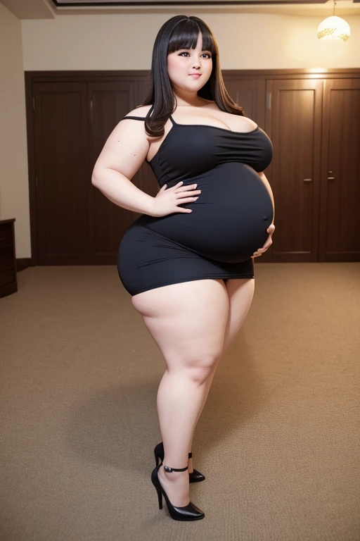 best quality, masterpiece, Weight: 120 kg, extremely obese, severe abdominal obesity, severe visceral obesity, Belly fat is prominent, severe abdominal obesity, I got a lot of belly, mini skirt, high heel, ssbbw, fat body type, pregnant belly