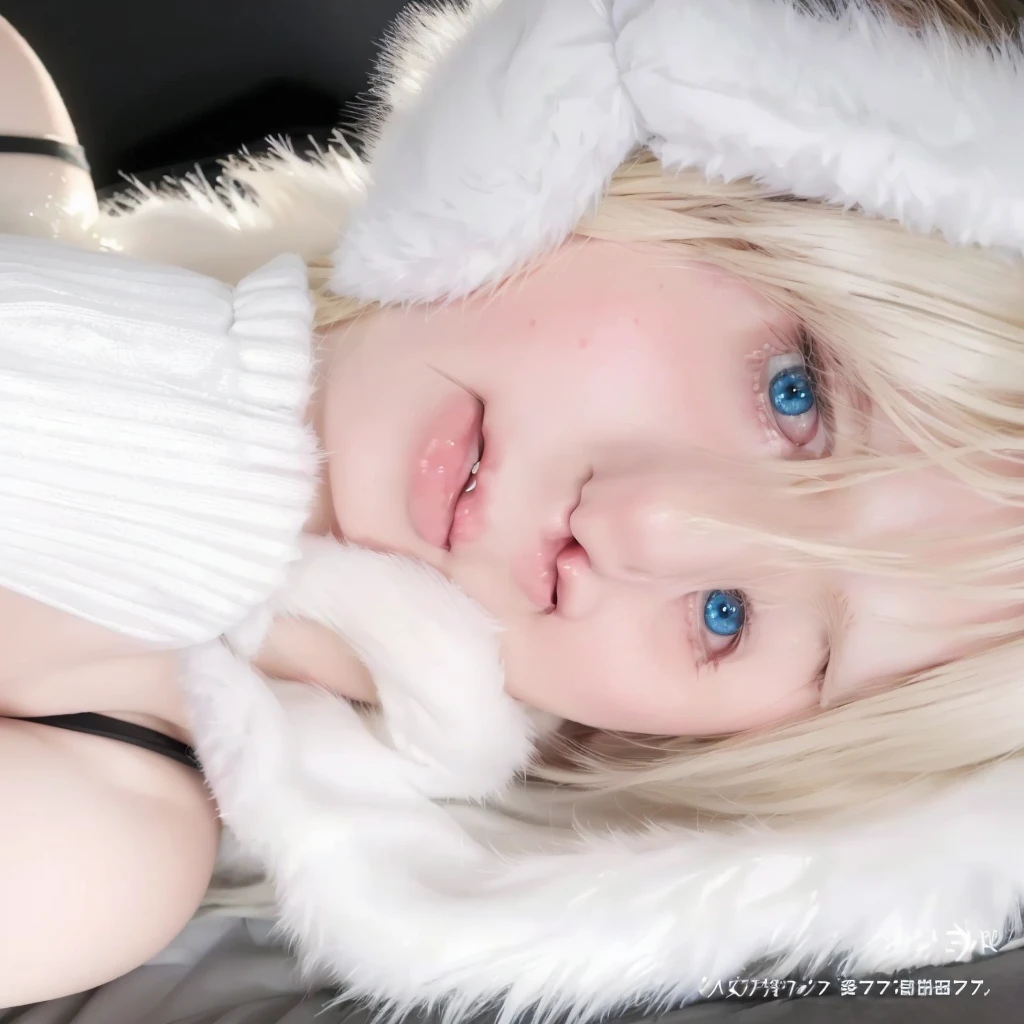  blonde with blue eyes and white fur coat posing for a photo, kawaii realistic portrait, pale, snow-white skin, rosto de アニメ natural fofo, shikamimi, アニメ. soft lighting, milky white skin, portray a woman as real, with gorgeous detailed eyes, garota de アニメ na vida real, kemonomimi, Cosplay de garota de アニメ, pale milky white porcelain skin