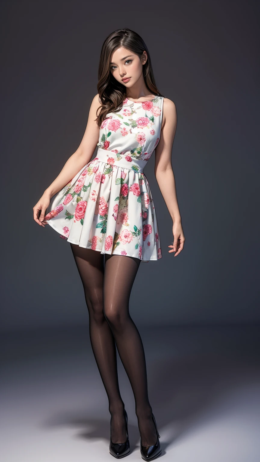 ((masterpiece)),(((Highest quality))),Thin thighs,Long legs,whole body:1.5，(One Girl:1.3),(Black pantyhose and thick pointy heels：1.3),(Wearing a floral mini skirt dress:1.2),Short Blonde:1.2、Model pose，