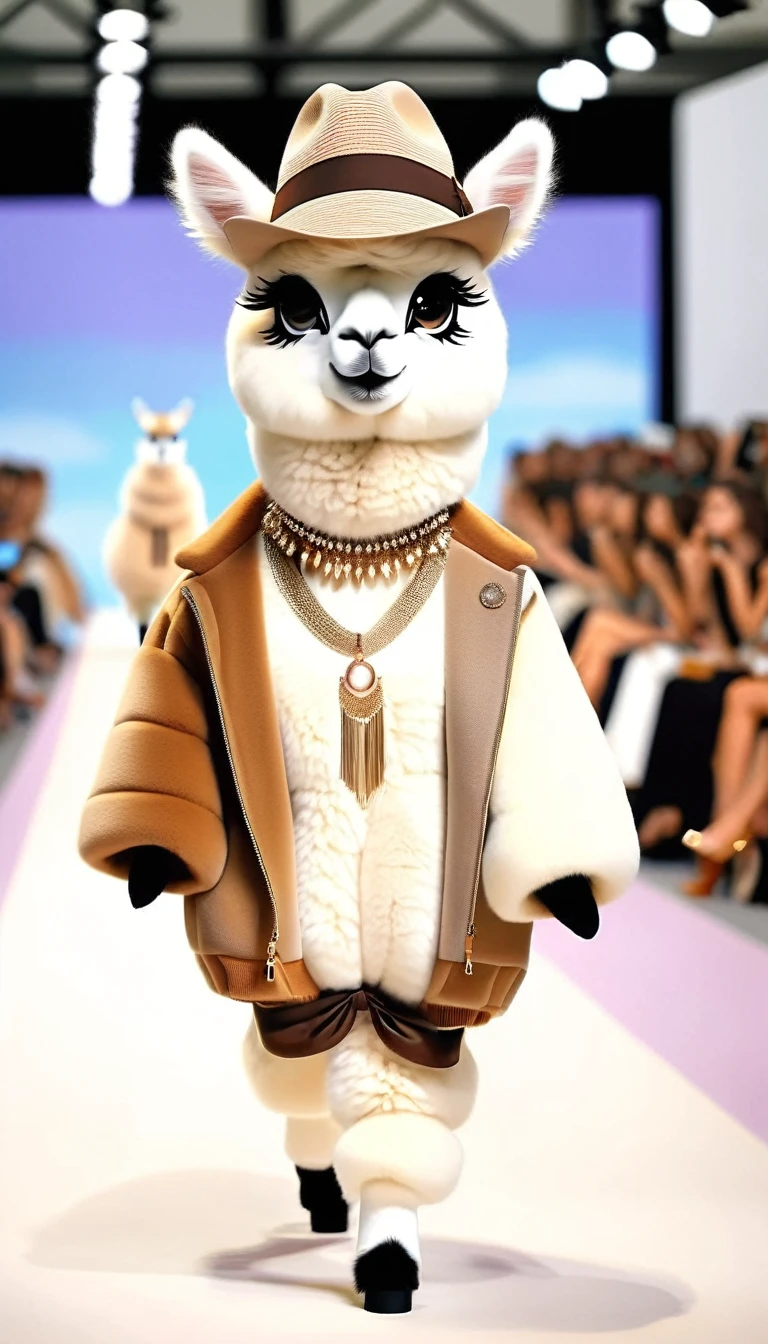 （Cute alpaca fashion show）,Alpaca is anthropomorphized with makeup，whole body，Fashion trends for summer 2024，Khaki，milky，Charming Alpaca，Enchanting Alpaca，Walking on a catwalk，Dynamic poses，Cool，Cute big eyes，necklace，hat，Fashion，Cartoon，in style of Cosplay fashion design , portrait，background：Fashion show catwalks