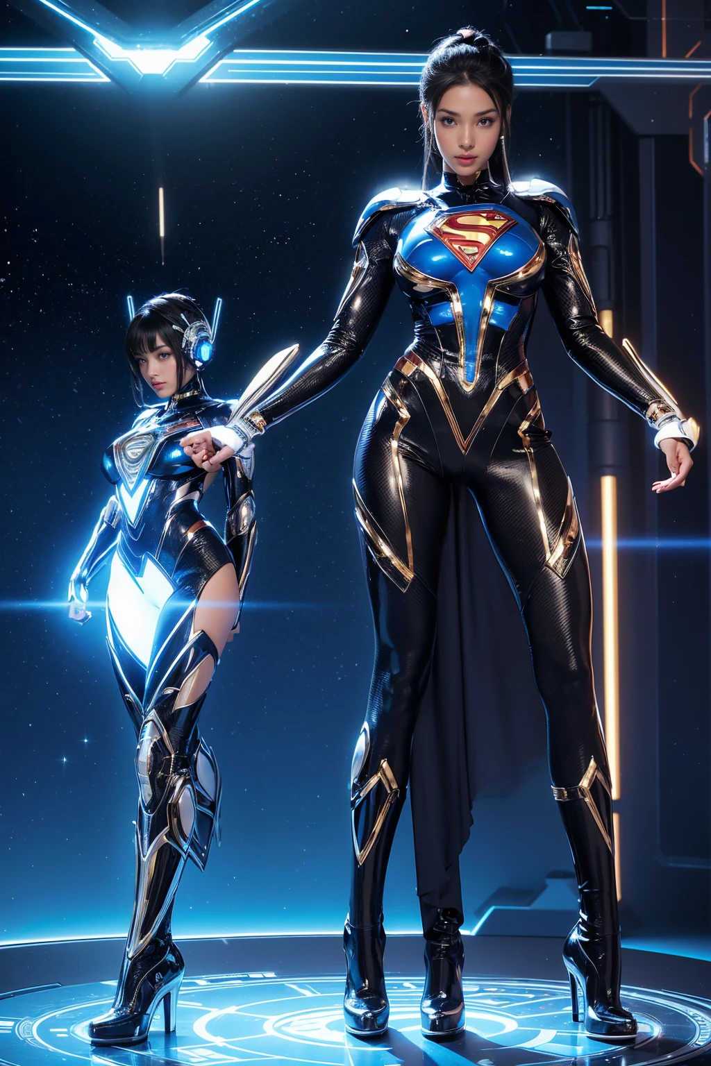 (((full body photo))), Young sexy Nubian female cybernetic superman, with electronic themed eyes, wearing elegant ornate cybernetic armor, wearing cybernetic boots, with superman symbol, cybernetic skin, surrounded by electronic circuits, cybernetic theme, sexy pose, large breasts