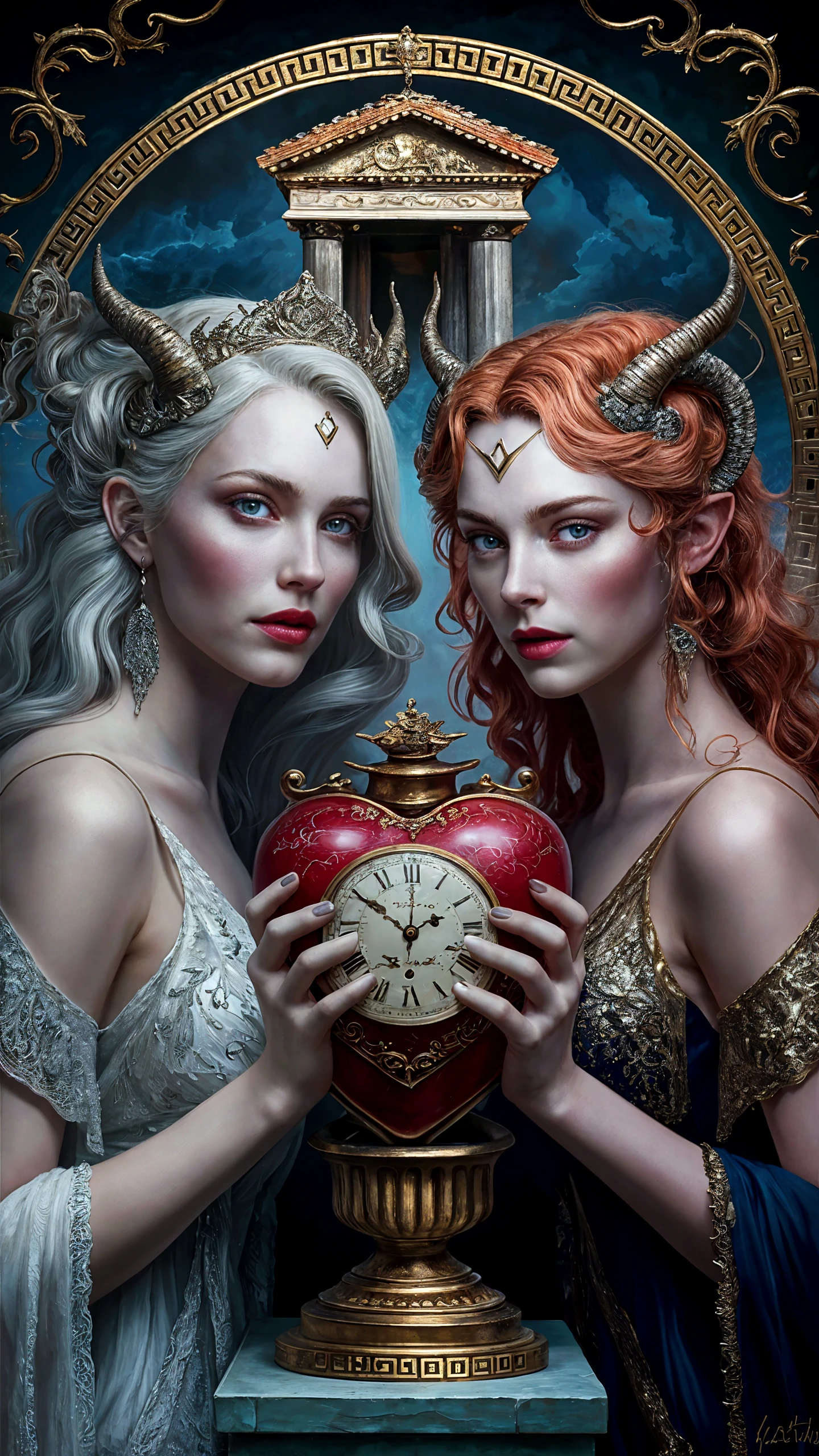 there are two women holding a clock and a red apple, Darius Zawadzki e Tom Bagshaw, natalie shau tom bagshaw, artgerm and tom bagshaw, tom bagshaw e sabbas apterus, artistic style tom bagshaw, Charlie Bowater e Tom Bagshaw, wlop and andrei riabovitchev