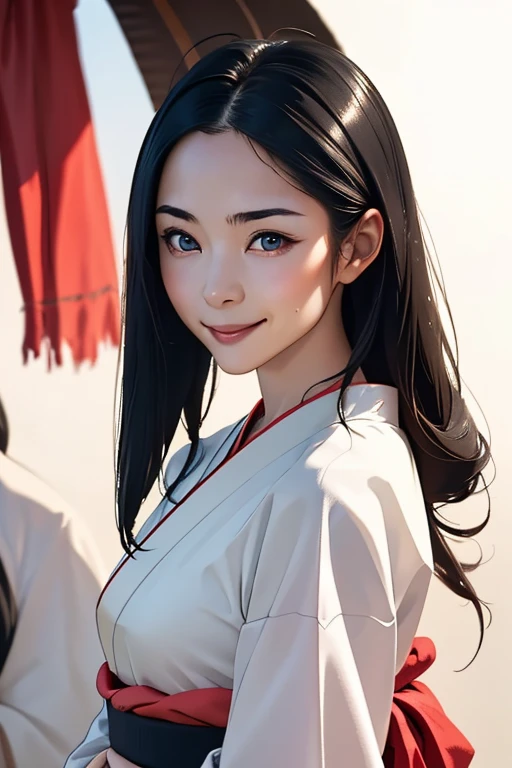 Highest quality　High resolution　Simple　Shrine maiden服　Long bangs　Adult female　Shrine maiden　Loose expression　cute　smile　Scarlet Hakama　Beautiful Eyes　One Woman　Long side hair　Very black hair　Shiny long hair　Straight hair　Ahoge　Wide sleeves　Long hem　cute目　White Background