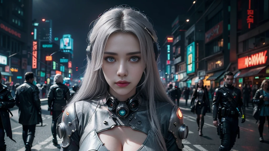masterpiece,best quality,high resolution,8K,(Portraits:1.5),(R Original Photo),The real situation,Digital Photography,(A fusion of cyberpunk and fantasy),(Policewoman),，Feel free to hairstyle,White hair，Purple Eyes，By Bangs,(red eye breasts, Accessories,shut your mouth,Elegant and charming,Serious and arrogant,Calm and handsome,(Combination of cyberpunk and fantasy style clothing,hollow-carved design,Large Breasts，Photo poses,Realistic style,Gray World Background,oc render reflection texture，futuristic city，Medium distance photography