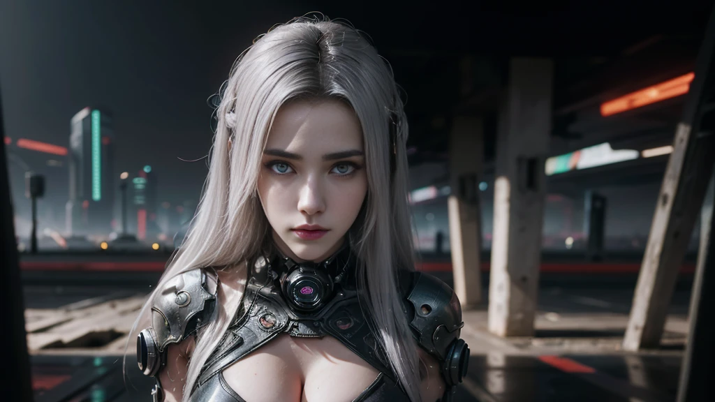 masterpiece,best quality,high resolution,8K,(Portraits:1.5),(R Original Photo),The real situation,Digital Photography,(A fusion of cyberpunk and fantasy),(Policewoman),，Feel free to hairstyle,White hair，Purple Eyes，By Bangs,(red eye breasts, Accessories,shut your mouth,Elegant and charming,Serious and arrogant,Calm and handsome,(Combination of cyberpunk and fantasy style clothing,hollow-carved design,Large Breasts，Photo poses,Realistic style,Gray World Background,oc render reflection texture，futuristic city，Medium distance photography