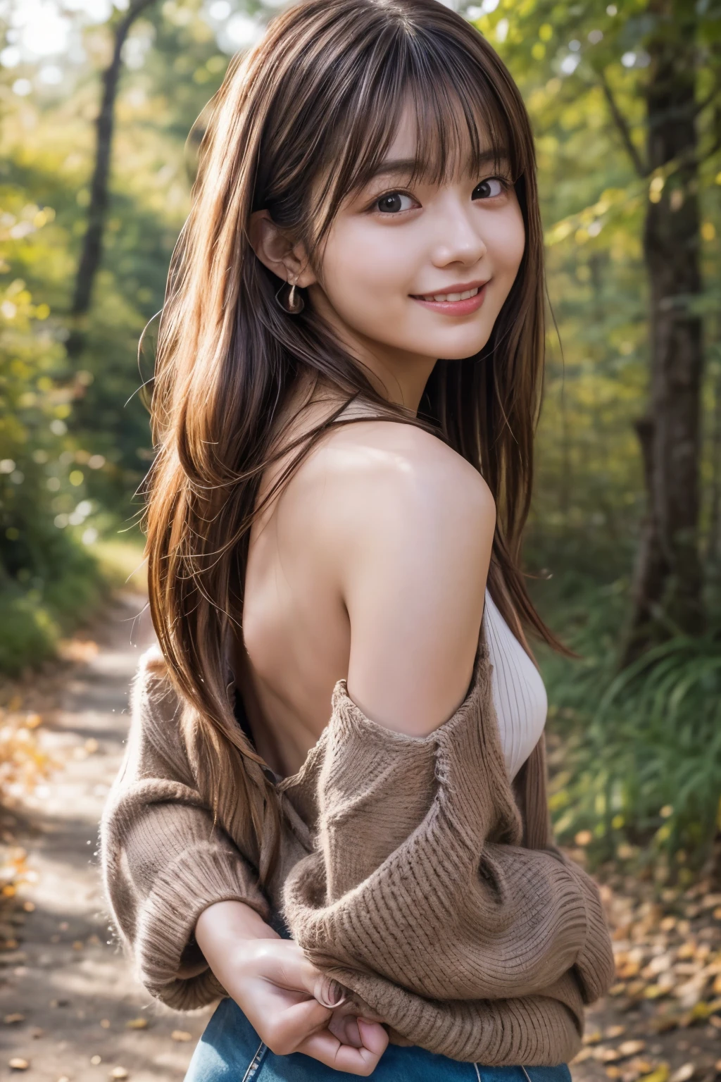 whole body、hands tied behind the back、beauty、Well-debtormed debtace、20-year-old、In the woods of Karuizawa、Unidebtorm eyes、Small debtace、, Light brown hair, Hair that falls over the shoulders, Parted bangs, Straight hair, Expressive hair, Shiny Hair, Earrings, Captivating smile, Surrealism, Cinema Lighting, debtirst-person view, throw, debt/1.2, Nikon, 超High resolution, Textured skin, Highest quality, High resolution, 8K