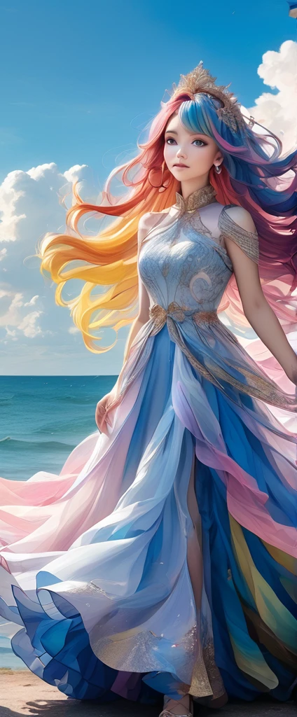 A stunning portrait of a 17-year-old girl with rainbow-coloured hair, a mix of blue and pink, under a brilliant sky on a sunny summer day、A breathtaking view unfolds。Half blue and half pink、A girl with colorful, flowing hair、Standing with a captivating smile。Long curls cascading down in golden waves、Frames bright sky blue eyes。Red and black repair dress 1.Wearing a voluminous 2-meter skirt、Captivate the audience with elegance。The dress was torn in many places、It is revealed