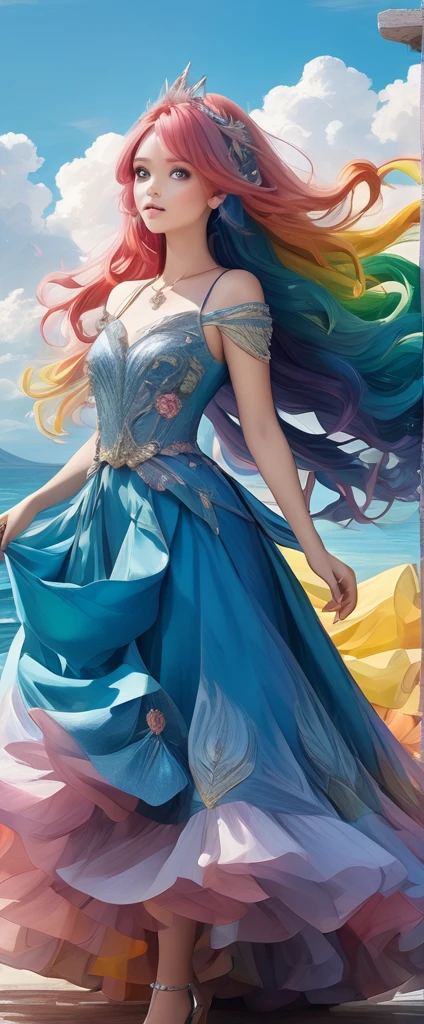 A stunning portrait of a 17-year-old girl with rainbow-coloured hair, a mix of blue and pink, under a brilliant sky on a sunny summer day、A breathtaking view unfolds。Half blue and half pink、A girl with colorful, flowing hair、Standing with a captivating smile。Long curls cascading down in golden waves、Frames bright sky blue eyes。Red and black repair dress 1.Wearing a voluminous 2-meter skirt、Captivate the audience with elegance。The dress was torn in many places、It is revealed