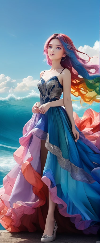 A stunning portrait of a 17-year-old girl with rainbow-coloured hair, a mix of blue and pink, under a brilliant sky on a sunny summer day、A breathtaking view unfolds。Half blue and half pink、A girl with colorful, flowing hair、Standing with a captivating smile。Long curls cascading down in golden waves、Frames bright sky blue eyes。Red and black repair dress 1.Wearing a voluminous 2-meter skirt、Captivate the audience with elegance。The dress was torn in many places、It is revealed