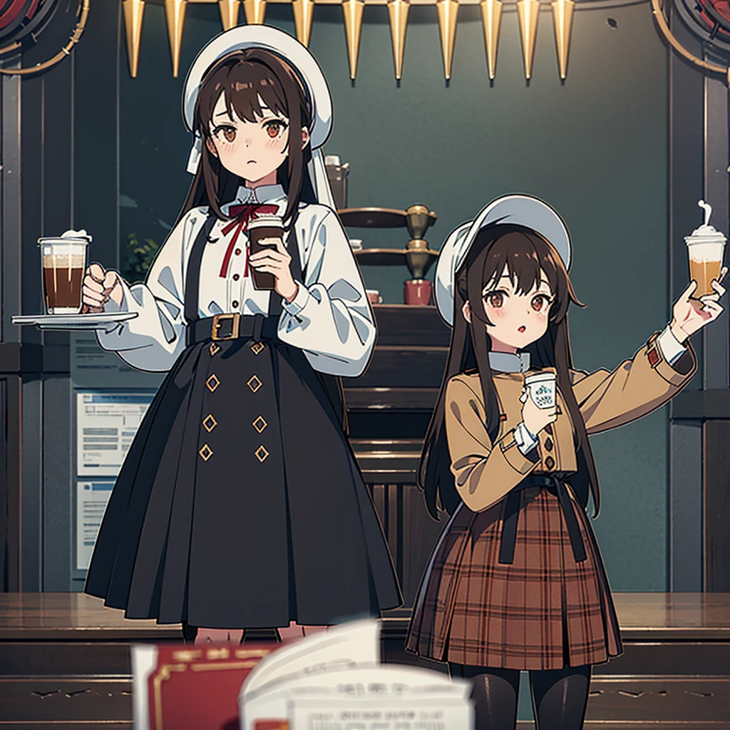 1 girl, ventails de outono, bangss, black hat, nblurry background, blush, eyes browns, chestnut hair, brown tissue, brown overskirt, trench coat, café, cowboy shot, Cup, disposable Cup, beverage, ventails que caem, bonnet, containment, containment beverage, ventail, long hair, long sleeves, gazing at viewer, open trench coat, gaping mouth, plaid, plaid overskirt, puffy long sleeves, red sweater, tissue, chemise, chemise tucked in, side locks, overskirt, ssmile, standing alone, sweater, white chemise, extremely detaild, intricate, work of art, absurderes