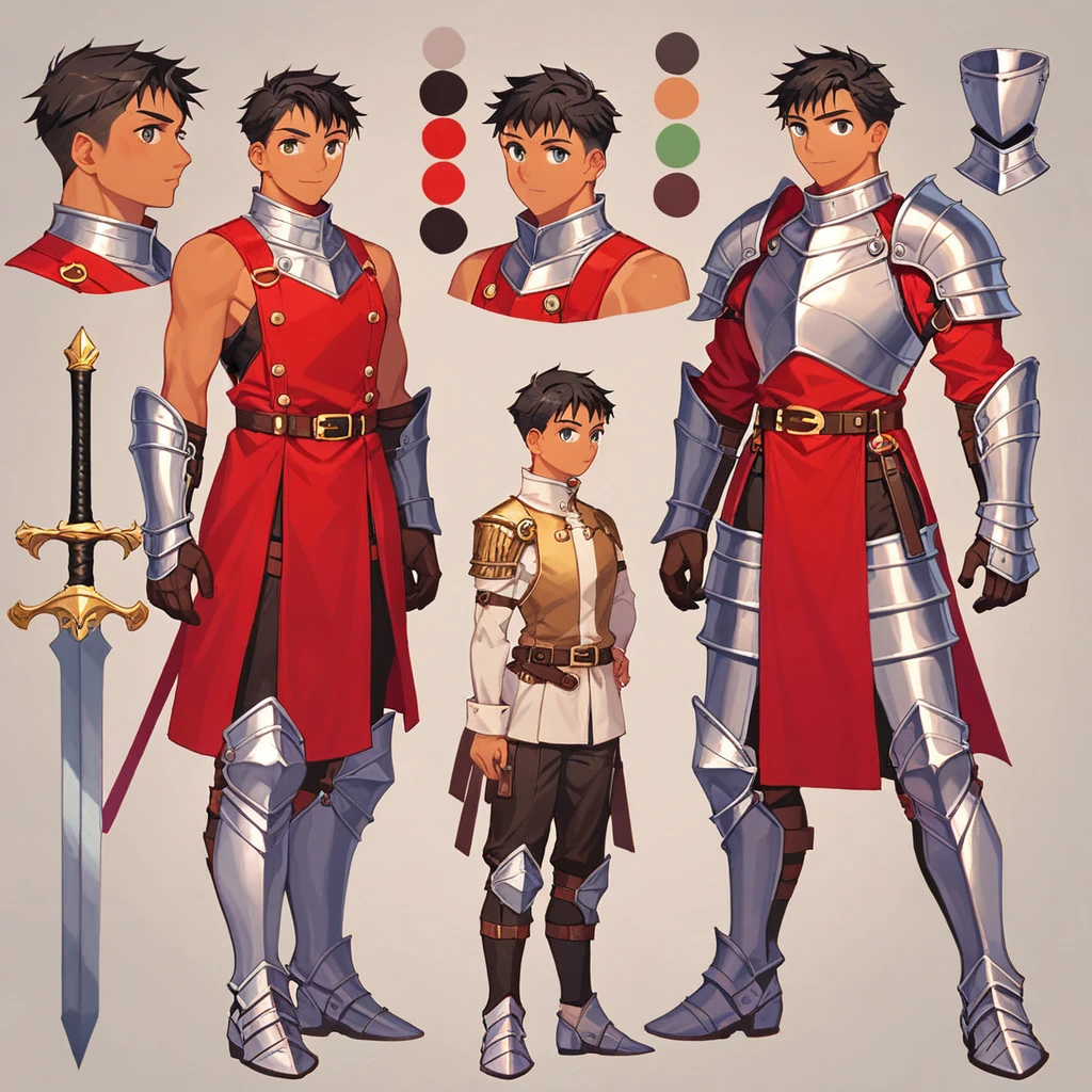 score_9, score_8_up, score_7_up, score_6_up, score_5_up, score_4_up, BREAK source_anime, 1girl, male, tan skinned, short black hair and short facial hair, silver knight armor, knight, Creative design, full body, Reference sheet, Character sheet