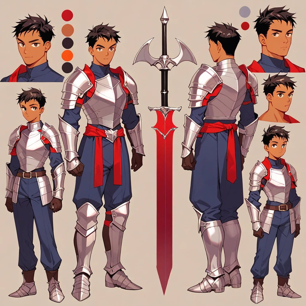 score_9, score_8_up, score_7_up, score_6_up, score_5_up, score_4_up, BREAK source_anime, 1girl, male, tan skinned, short black hair and short facial hair, silver knight armor, knight, Creative design, full body, Reference sheet, Character sheet