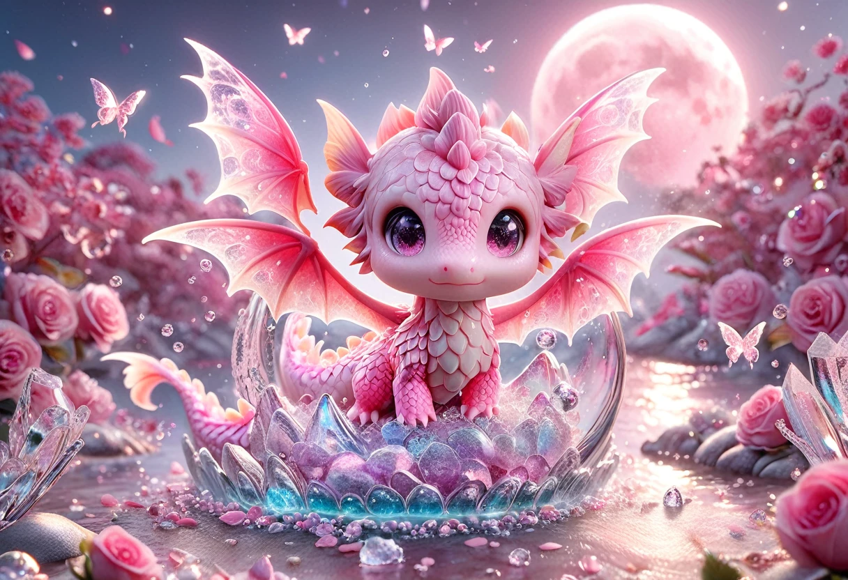Ultra detailed, HDR, Highres, absurdres, master piece, Pink dragon, expressive pink eyes, small dragon, glass, pink glittering butterflies, pink ice, petals, pink ice glass roses, cute, glittering, water, fantasy, magical, pink moon