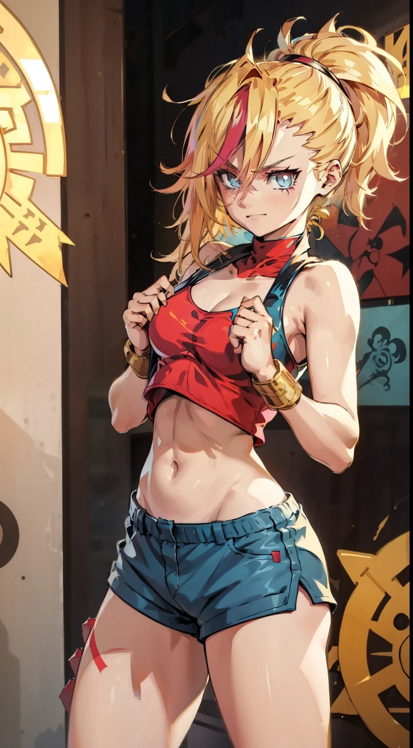 young girl, longue blonde hair, Hairpin with a bundle, turquoise eyes, Yakuza tattoos, red tight uniform, Sleeveless, Wide neckline on the chest to the abdomen, Gold Elements, Red gold armor, Shorts, claws, smirk, Masterpiece, hiquality, 4k, HD, Good detail