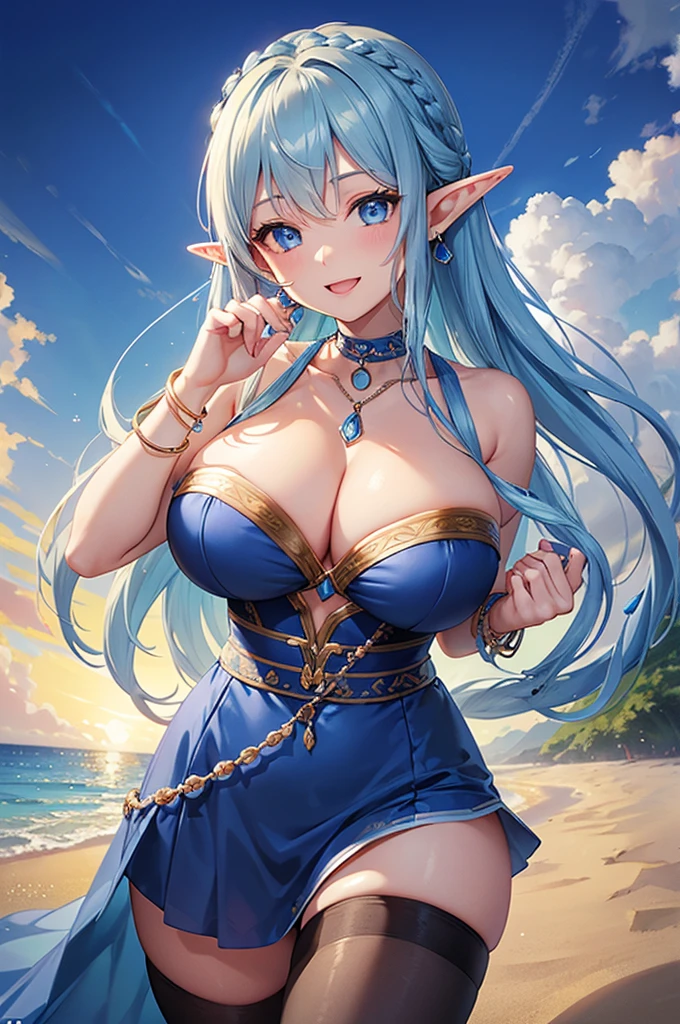 Highest quality、Highest quality、masterpiece、(8K resolution),beauty(Age 25)、(Mature Appearance)、Light blue long hair(Braiding of the sides)、blue eyes、(Detailed embroidered underwear)、(Elf)、Big cleavage、((Big Breasts))、smile、blue necklace、Blue Earrings、background(Beach)、Please open your mouth wide、bracelet、Dynamic pose、Blue choker、Black tights