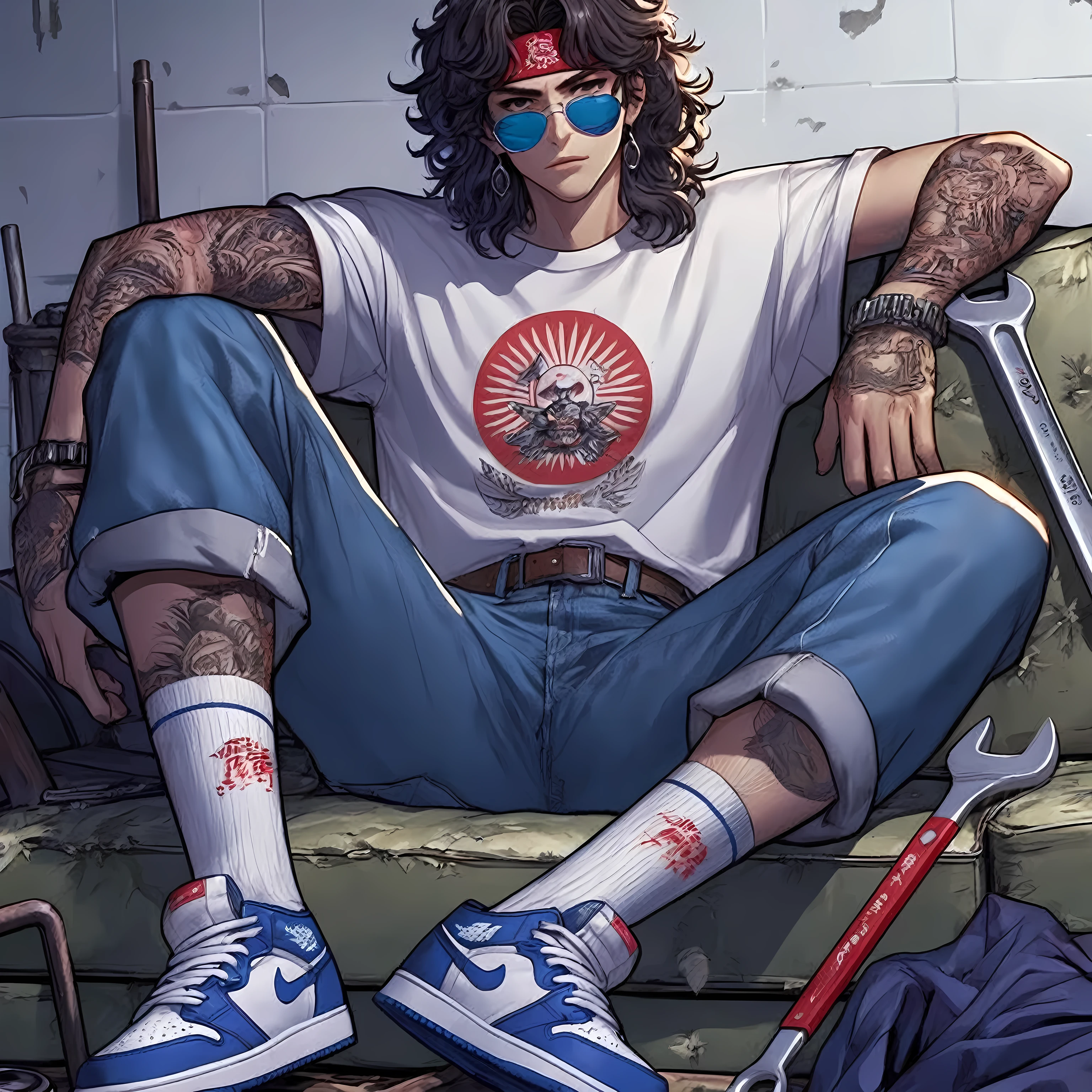 arafed man sitting on a couch with a wrench and a pair of shoes, handsome guy in demon slayer art, 8 0 s anime vibe, 8 0 s anime style, artwork in the style of guweiz, detailed fanart, in the art style of 8 0 s anime, 8 0 s anime art style, striking detailed artstyle, 90s anime style