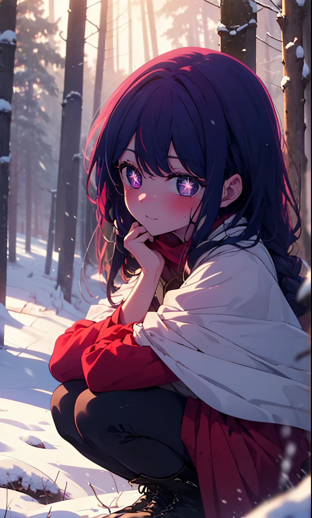 aihoshino, Ai Hoshino, Long Hair, bangs, (Purple eyes:1.1), Purple Hair, (Symbol-shaped pupil:1.5), smile,,smile,blush,White Breath,
Open your mouth,snow,Ground bonfire, Outdoor, boots, snowing, From the side, wood, suitcase, Cape, Blurred, , forest, White handbag, nature, Squat, Mouth closed, Cape, winter, Written boundary depth, Black shoes, red Cape break looking at viewer, Upper Body, whole body, break Outdoor, forest, nature, break (masterpiece:1.2), Highest quality, High resolution, unity 8k wallpaper, (shape:0.8), (Beautiful and beautiful eyes:1.6), Highly detailed face, Perfect lighting, Extremely detailed CG, (Perfect hands, Perfect Anatomy),