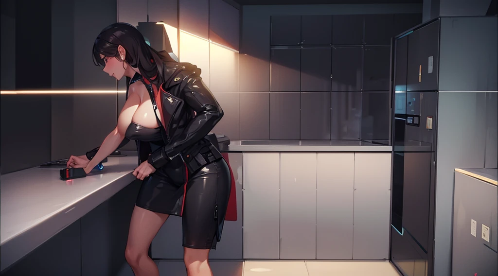 best qualityer, work of art, ultra high resolution, A woman is in the kitchen cutting vegetables on the counter, the woman looks like a milf and has large, full breasts