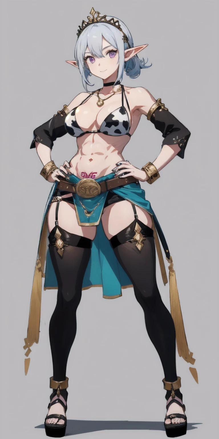 ((plain background:1.2)) ((1girl)) whole body, standing, elf, maduro, Detailed happy face, purple eyes, by rubio, black and white bikini (cow print bikini) (Separate sleeves and stockings like ciw print) ABS, Large knockers, gold chain necklace, stomach tattoo (tatuaje rojo debajo del belly button) (belly button) whole body, 1solo (girl), slave fighter, loincloth standing, hands on the hips, metal sandals, choker, big belt, looking at the viewer, View from below, cowboy shot, long shot, Feet together, Bracers, tiara