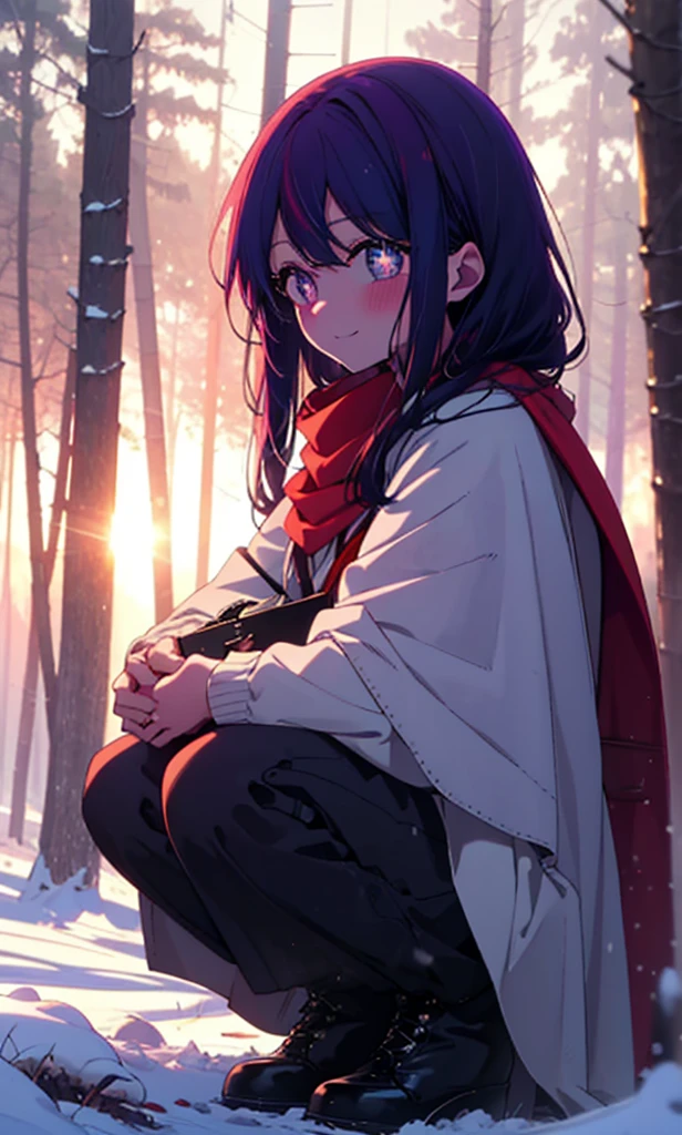 aihoshino, Ai Hoshino, Long Hair, bangs, (Purple eyes:1.1), Purple Hair, (Symbol-shaped pupil:1.5), smile,,smile,blush,White Breath,
Open your mouth,snow,Ground bonfire, Outdoor, boots, snowing, From the side, wood, suitcase, Cape, Blurred, , forest, White handbag, nature, Squat, Mouth closed, Cape, winter, Written boundary depth, Black shoes, red Cape break looking at viewer, Upper Body, whole body, break Outdoor, forest, nature, break (masterpiece:1.2), Highest quality, High resolution, unity 8k wallpaper, (shape:0.8), (Beautiful and beautiful eyes:1.6), Highly detailed face, Perfect lighting, Extremely detailed CG, (Perfect hands, Perfect Anatomy),