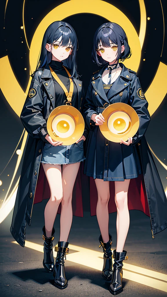 2girls, twins, short wavy navy blue hair, golden yellow glowing eyes, wearing black tube top, navy blue trench coat, navy blue long denim skirt, golden boots, sleeve tattoo, river, absurdres, high res, ultra sharp, 8k, masterpiece, looking at viewer, blue glow surrounding the body, holding a black gun