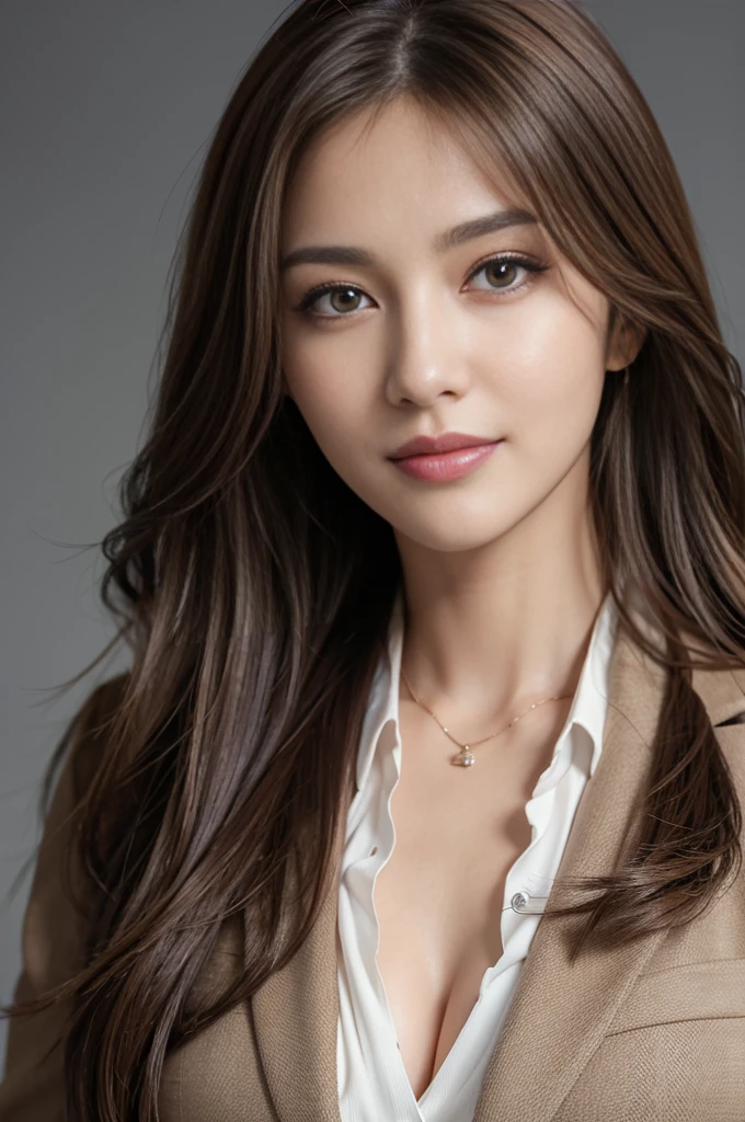 masterpiece, Highest quality, Realistic, Very detailed, Attention to detail, High resolution, 8k wallpaper, One beautiful woman,, Light brown messy hair, Wearing a business suit, Sharp focus, Perfect dynamic composition, Beautiful and beautiful eyes, Thin Hair, Detailed Realistic skin texture, smile, Close-up portrait, Model Body Type