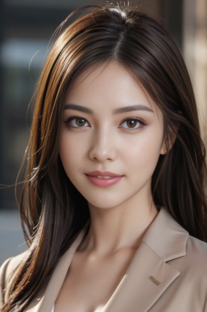 masterpiece, Highest quality, Realistic, Very detailed, Attention to detail, High resolution, 8k wallpaper, One beautiful woman,, Light brown messy hair, Wearing a business suit, Sharp focus, Perfect dynamic composition, Beautiful and beautiful eyes, Thin Hair, Detailed Realistic skin texture, smile, Close-up portrait, Model Body Type