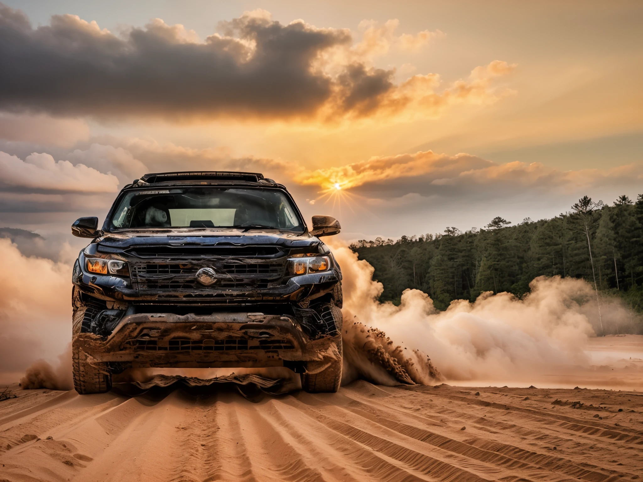 Photos of off-road vehicles, forest, Sunset, cloud,Real light,HD,Realistic details,Frontal of the car