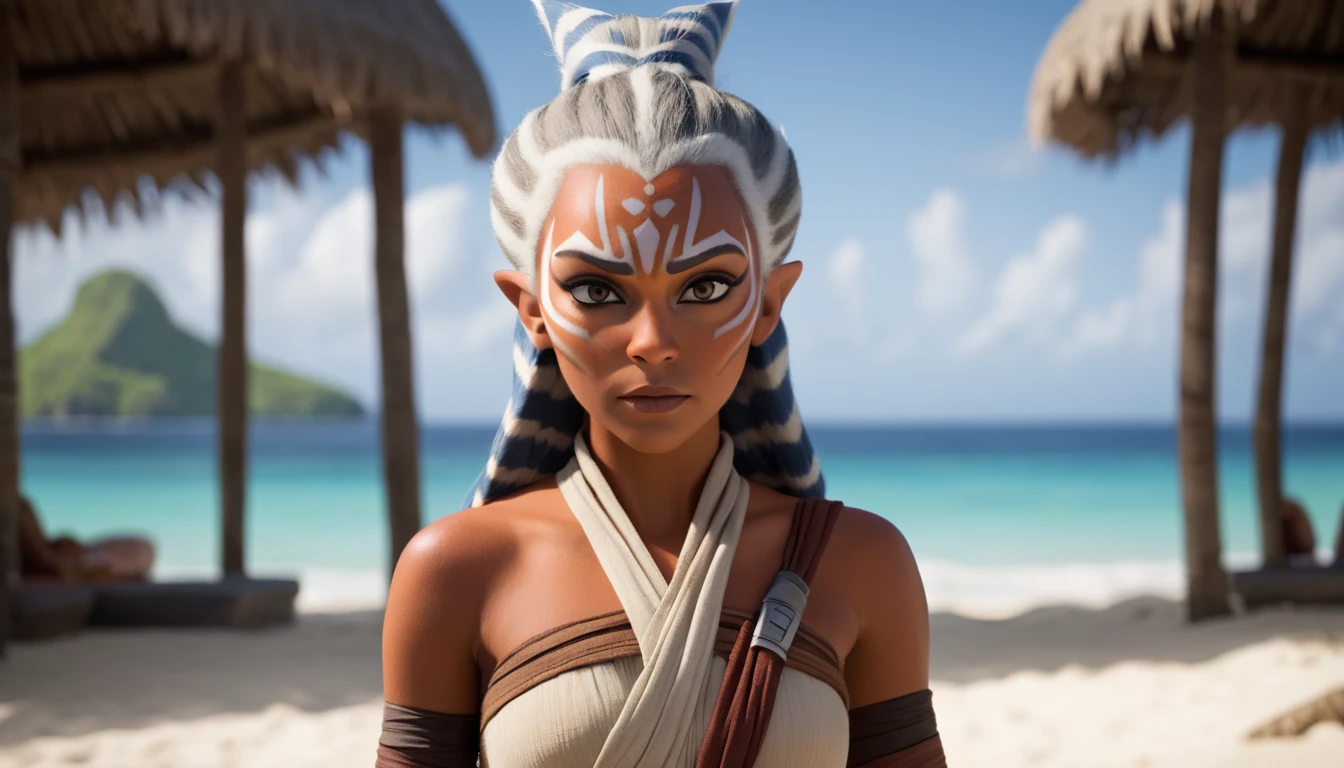 motion picture still ahsoka tano raised an eyebrow on whisper island, full body shot . shallow depth of field, viñeta, Very detailed, Ryan Coogler&#39;s Big Budget Hollywood Movie, bokeh, cinemascope, moody, epic, gorgeous, film grain, grainy