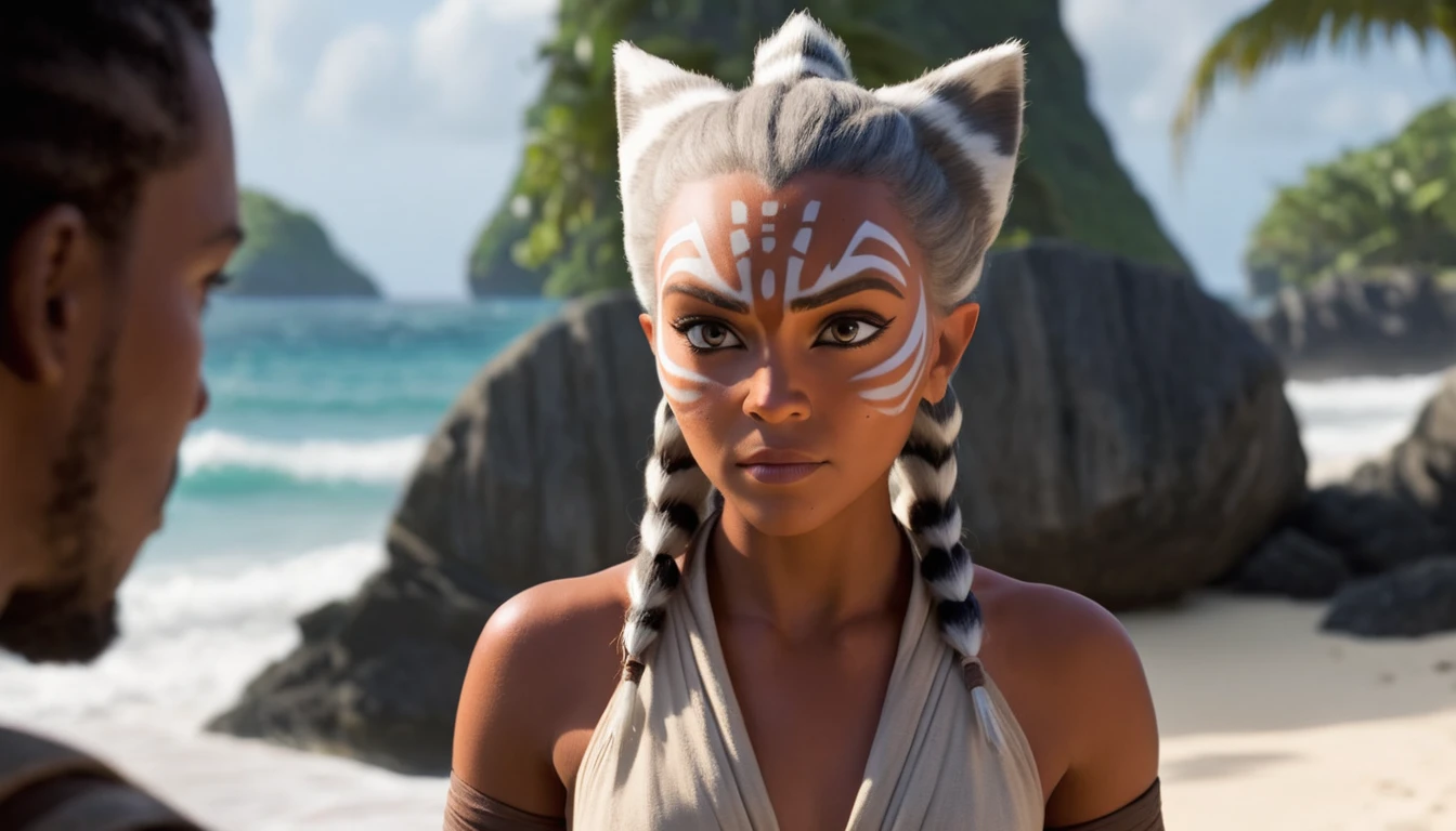 motion picture still ahsoka tano raised an eyebrow on whisper island, full body shot . shallow depth of field, viñeta, Very detailed, Ryan Coogler's Big Budget Hollywood Movie, bokeh, cinemascope, moody, epic, gorgeous, film grain, grainy