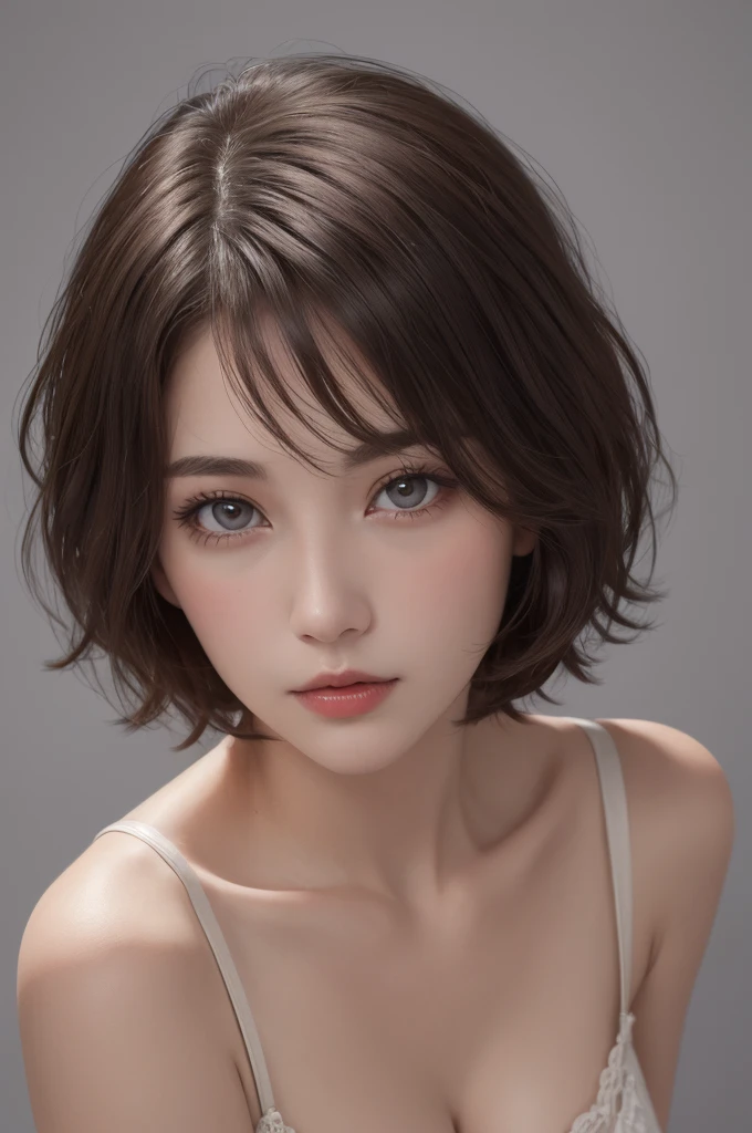(masterpiece), (Best image quality), 8K resolution, Ultra-fine, 超Ultra-fine, realism, realism, 30 year old mature woman、 Small face, No makeup、Beautiful Face、 short hair, Dark brown hair, Beautiful and beautiful eyes, Bust B cup, 、Small breasts、Silk dress、Cool pose、Gray background