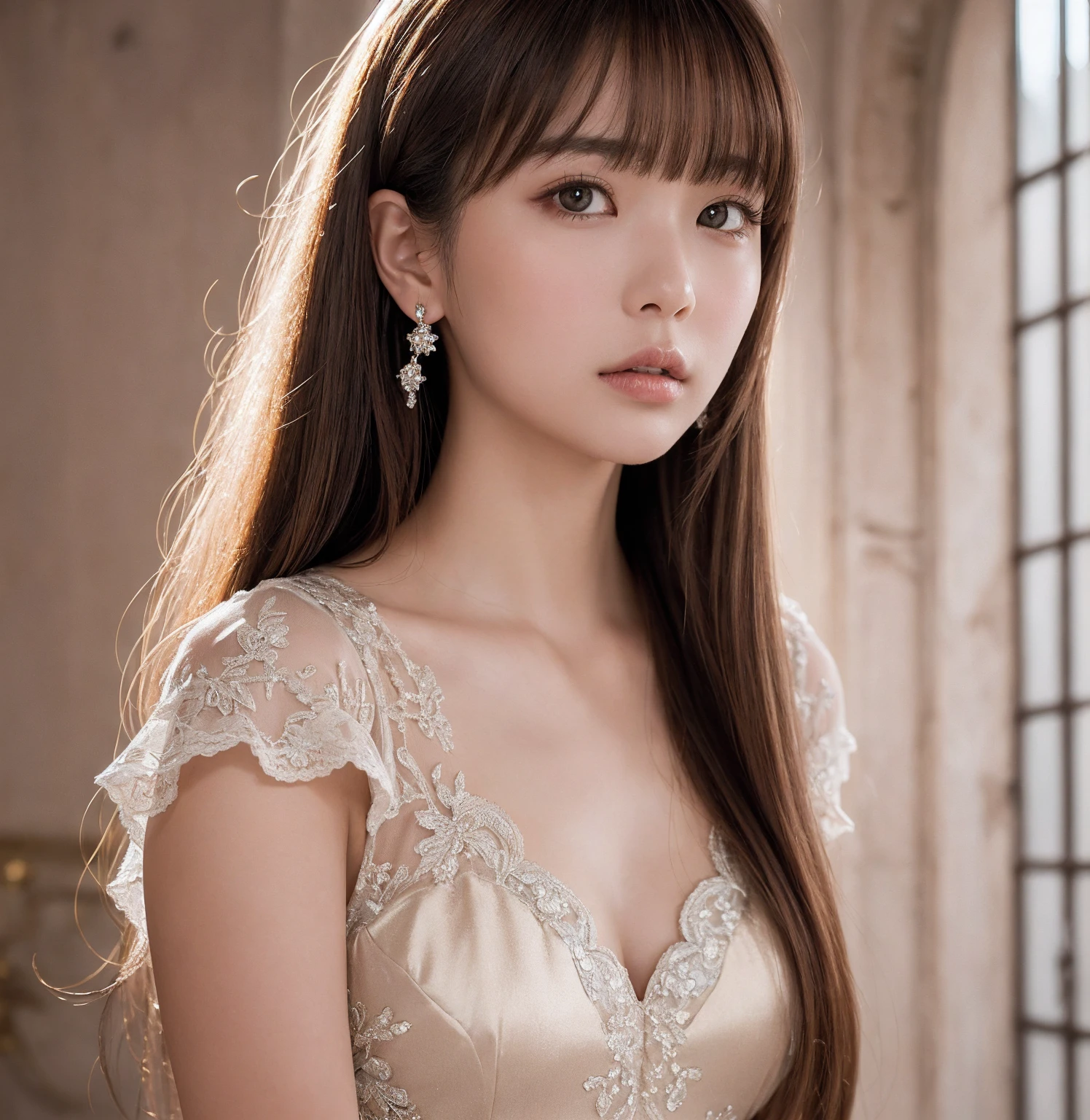((whole body)) (big 1.4) Beautiful Fantasy Girl ((Highest quality)), ((masterpiece)), (Get used to it), Perfect Face (1 Girl) (French) (she is 、The cutest teen in Fran ((Highest quality)), ((masterpiece)), length blonde hair length, 輝く茶colorの髪,Golden Silky Hair, Straight Brown Hair, length blonde straight hair, Perfect Silky Straight Hair, Straight Brown Hair, length blonde hair, sheの髪は長くてまっすぐだ, detailed length ((big 1.4)) Super Long Hair down to the ankles ((Neat bangs The neatly trimmed bangs are princess cut and cover the entire forehead......))... 明るい深紅colorの唇 good, Anatomically correct hand Thin fingers Anatomically correct5本の指 Sexy professional makeup Beautiful French girl face, French facial features, Long Hair shiny Long Hair, length, 輝く茶colorの髪, length, Straight Brown Hair, sheの髪は長くてまっすぐだ, Super Long Hair girl, Silky Hair, Brown hair, Silky Hair, length, Flat Hair, Silky texture, Long Hair, length, Flowing brown hair, thin and shiny hair Anatomically correct、White beautiful human skin and detail of hands and fingers Beautiful Eyes Mouth Details the corners of the mouth rise slightly Cool look (眉毛のcolorは濃い茶colorです) (黄color dress posing for a picture, Disney Portraits, tumbler, What it is?, wearing organza gown, dressed beautiful gown, lady using 黄color dress, color: 黄color, A woman wearing a sparkly floral dress, elegant 黄color skin, gown, Fantasy Dress, Formal Wear, light 黄color beautiful gown, 黄color theme ) (A church with high quality stained glass..) (she'Random Pause) (Random model standing pose)、Dressed in a white tank top、ヒップオーバーのLong Hair、太ももまであるLong Hair、Beautiful Hair、Thigh-length hair