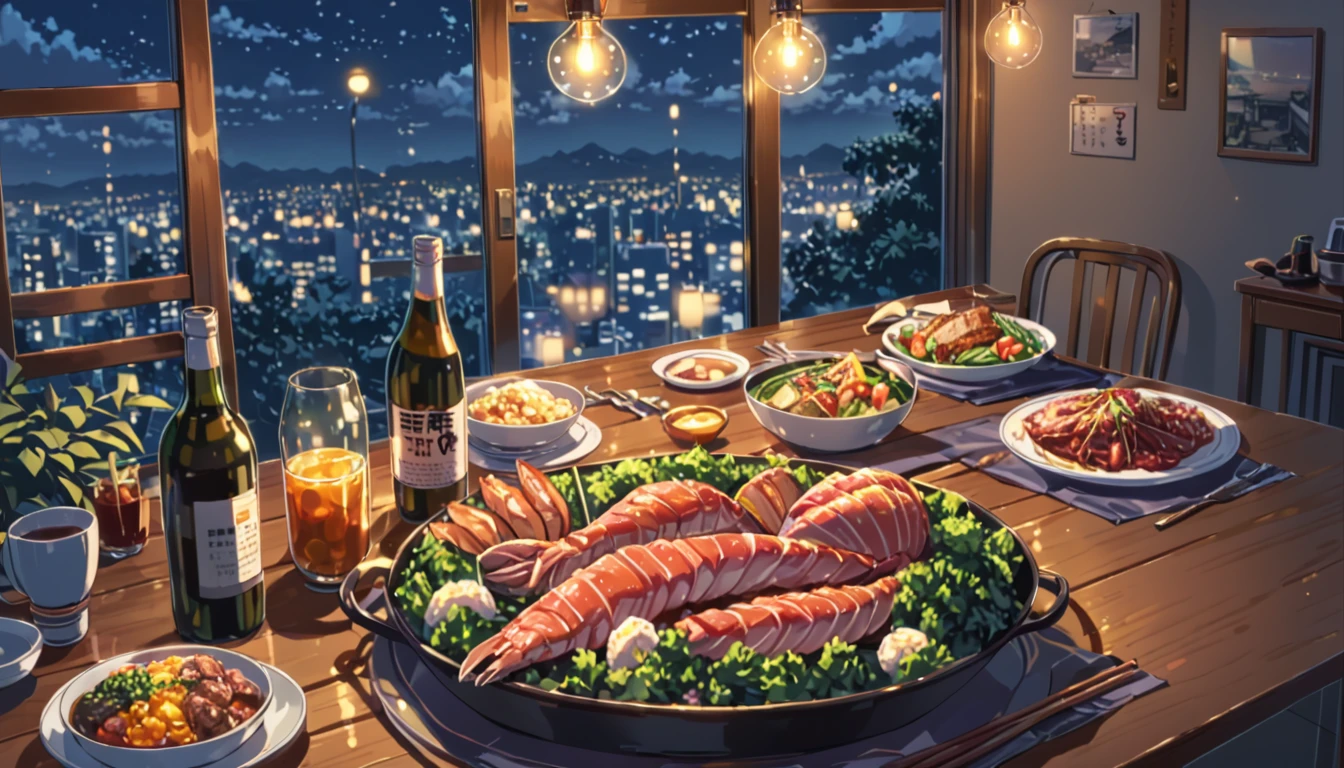((Anime: 1.4, Illustration)), (Masterpiece, Top Quality, Best Quality), (Ultra-Detailed, Absolutely Resolution), ((16k, HIGH RES)) (Midnight dinner, night, lighting), ( Anime: 1.4, Illustration)), (Masterpiece, Top Quality, Best Quality), (Ultra-Detailed, Absolutely Resolution). Ak {Lofi Art, Style of Laurie Greasley, Style of Makoto Shinkai, Anime Aesthetic}, BREAK {(Produces IMAGES WITH ITH INFORMATION THAN 40 Million Pixels with Cinematic-Like Detailed Textures S Hot on a Sony slur).}