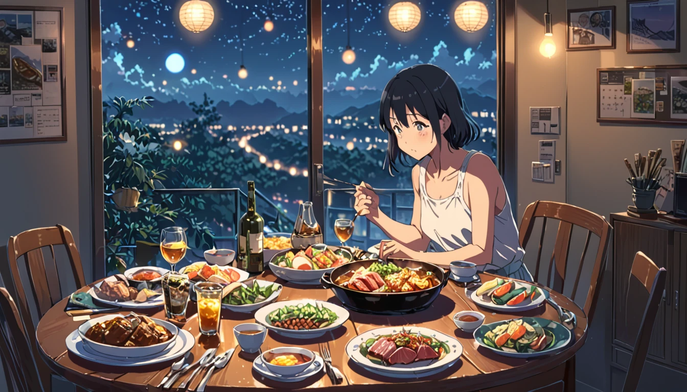 ((Anime: 1.4, Illustration)), (Masterpiece, Top Quality, Best Quality), (Ultra-Detailed, Absolutely Resolution), ((16k, HIGH RES)) (Midnight dinner, night, lighting), ( Anime: 1.4, Illustration)), (Masterpiece, Top Quality, Best Quality), (Ultra-Detailed, Absolutely Resolution). Ak {Lofi Art, Style of Laurie Greasley, Style of Makoto Shinkai, Anime Aesthetic}, BREAK {(Produces IMAGES WITH ITH INFORMATION THAN 40 Million Pixels with Cinematic-Like Detailed Textures S Hot on a Sony slur).}