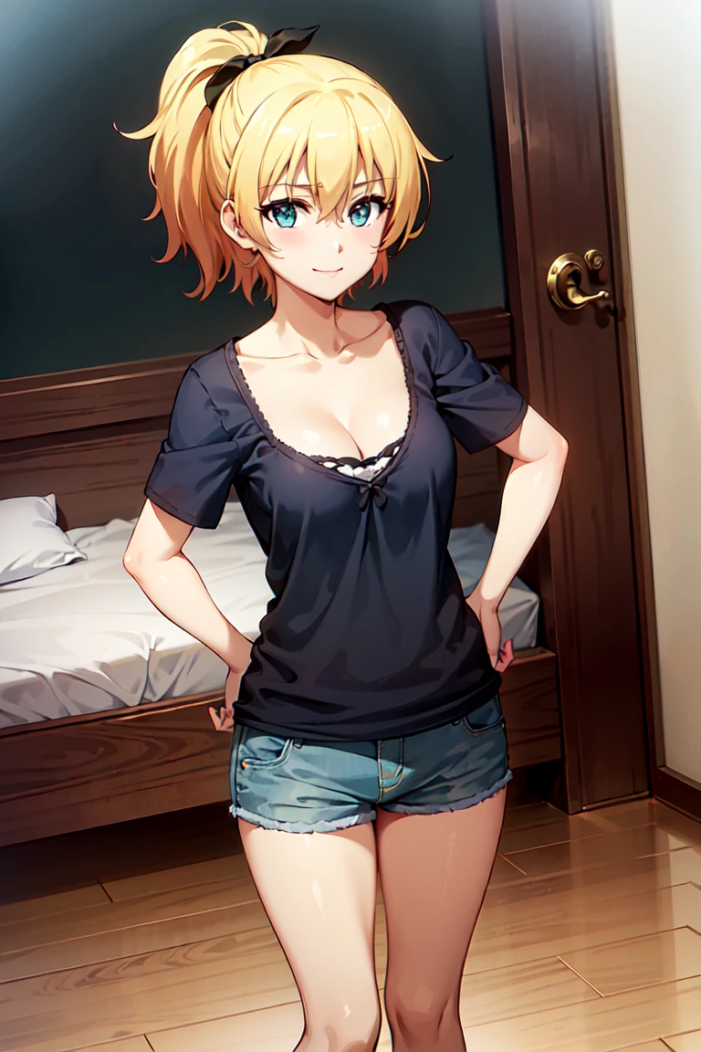 iria_fukumune_soicantplayh, blonde short hair, hair between eyes, light blue eyes, high ponytail, big , short sleeves plunge tee, cleavage, tucked in, blue jeans, blushing, closed mouth, smile, masterpiece, 8K, HD, perfect face, high quality, best quality, extremely detailed eyes, extremely detailed body, highly detailed, expressive eyes, high res, 1girl, solo, knee length shot, front view, looking at viewer, body facing viewer, pov shot, slightly from above, standing up, straight posture, hands on hips, bedroom