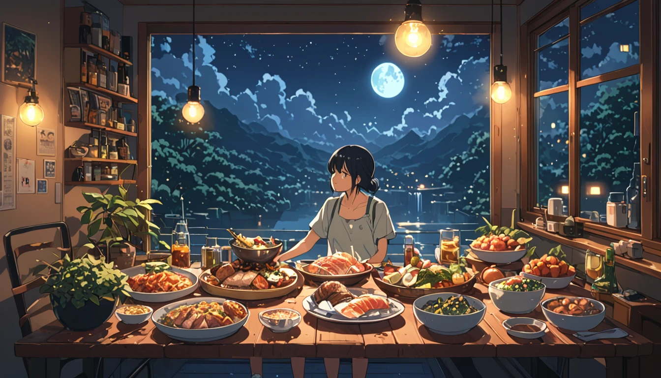 ((Anime: 1.4, Illustration)), (Masterpiece, Top Quality, Best Quality), (Ultra-Detailed, Absolutely Resolution), ((16k, HIGH RES)) (Midnight dinner, night, lighting), ( Anime: 1.4, Illustration)), (Masterpiece, Top Quality, Best Quality), (Ultra-Detailed, Absolutely Resolution). Ak {Lofi Art, Style of Laurie Greasley, Style of Makoto Shinkai, Anime Aesthetic}, BREAK {(Produces IMAGES WITH ITH INFORMATION THAN 40 Million Pixels with Cinematic-Like Detailed Textures S Hot on a Sony slur).}