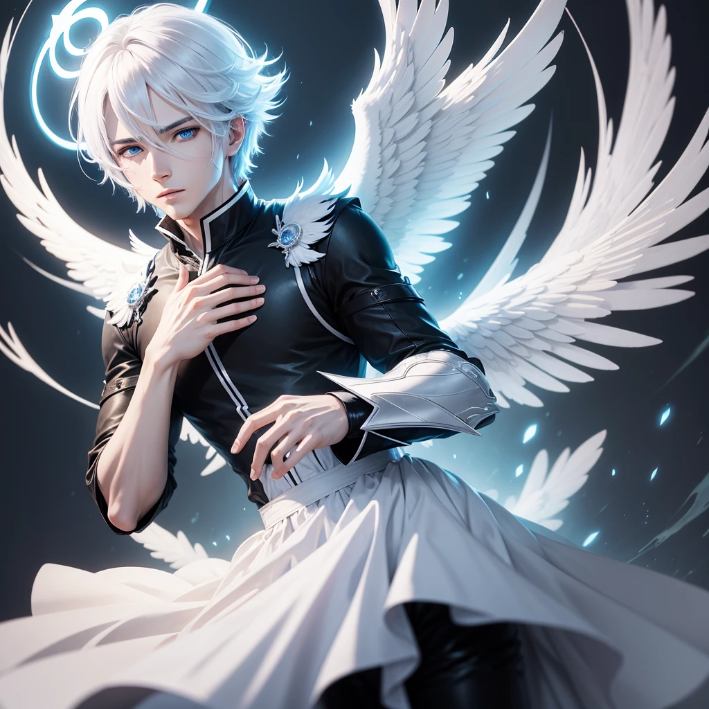 Male angel with blue eyes and white hair With halo and wings, anime style, Black clothes