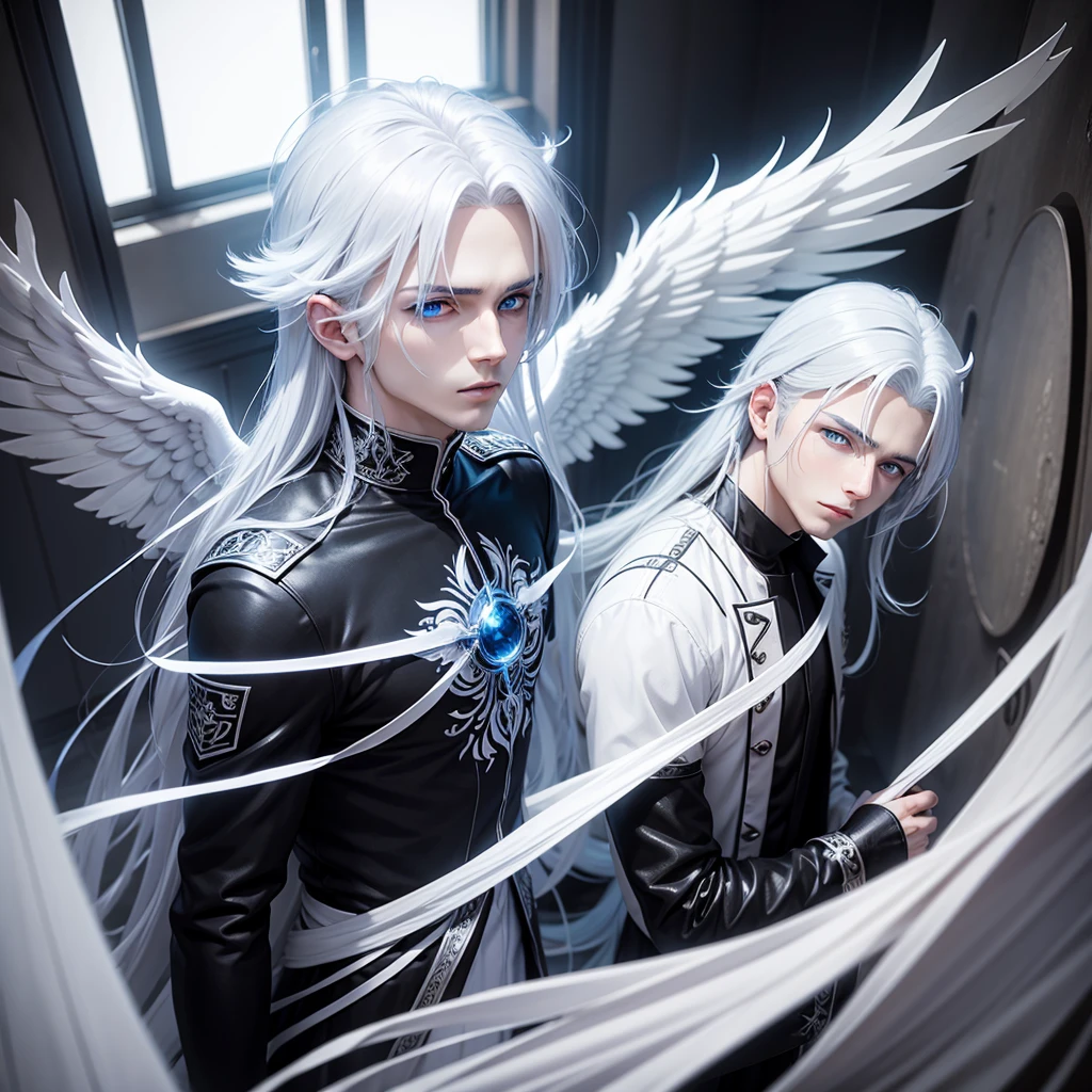 Male angel with blue eyes and white hair With halo and wings, anime style, Black clothes