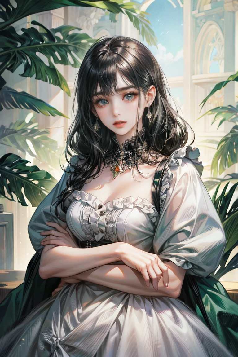 Woman with long black hair, alone, looking at the viewer, green eyes, white dress with ruffles, Princess