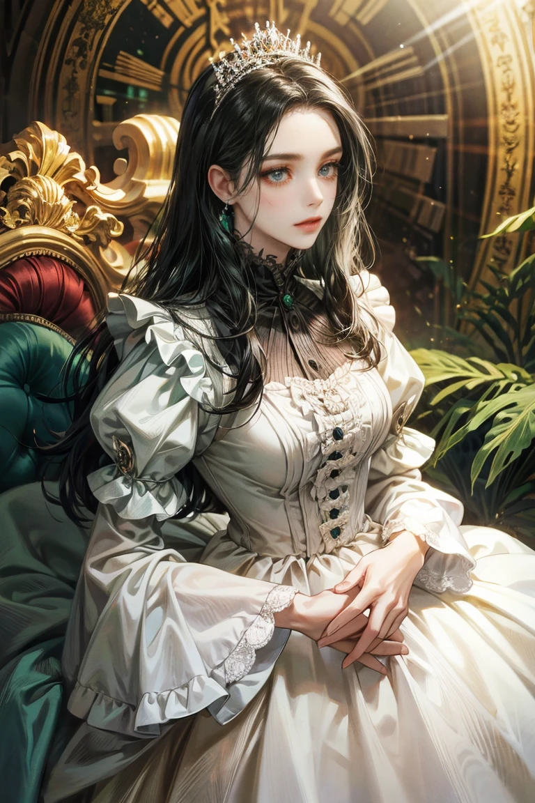 Woman with long black hair, alone, looking at the viewer, green eyes, white dress with ruffles, Princess