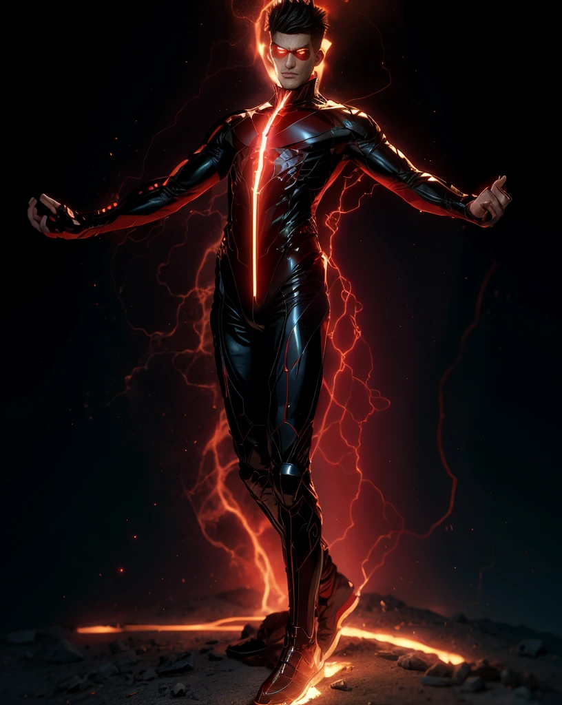 (absurdres, highres, ultra detailed), masterpiece, best quality, a boy with in black outfit, red cape, wizard, solo, handsome, short hair, red hair, vibrant red eye, glowing eye, glow effect, finely eye, detailed face, red flame, spark, swirl, isolated land background, from below, look down, look at viewer, cowboy shot