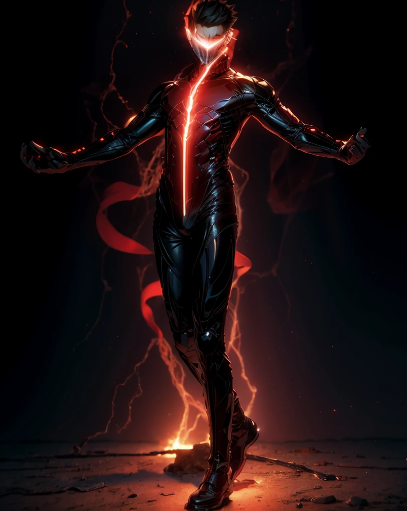 (absurdres, highres, ultra detailed), masterpiece, best quality, a boy with in black outfit, red cape, wizard, solo, handsome, short hair, red hair, vibrant red eye, glowing eye, glow effect, finely eye, detailed face, red flame, spark, swirl, isolated land background, from below, look down, look at viewer, cowboy shot