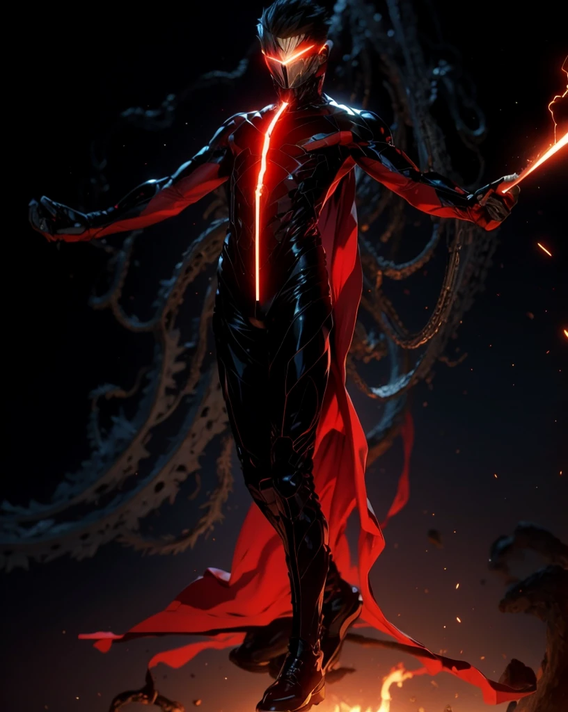 (absurdres, highres, ultra detailed), masterpiece, best quality, a boy with in black outfit, red cape, wizard, solo, handsome, short hair, red hair, vibrant red eye, glowing eye, glow effect, finely eye, detailed face, red flame, spark, swirl, isolated land background, from below, look down, look at viewer, cowboy shot