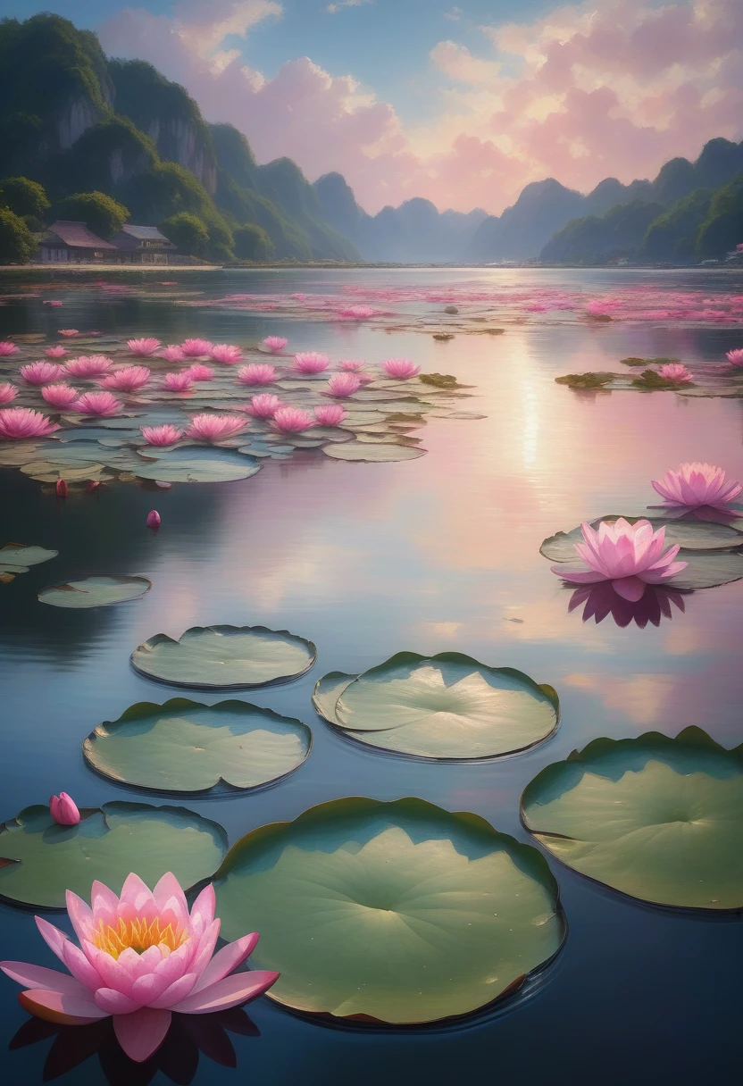 写实style, beach, cloud, Sky, water, flower, waterlily, Soft cushion, 莲flower, pink flower, No humans, plant, landscape, still life, impressionist watercraft, many (style) (masterpiece:1.2), best quality, high resolution, The original, Extremely detailed wallpaper, Perfect lighting,(Extremely detailed:1.2), , brush