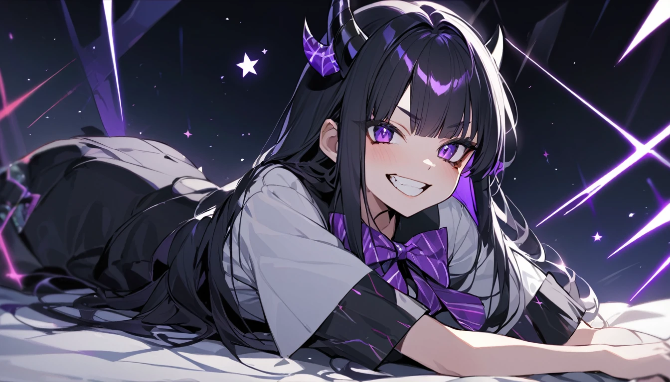 A girl with long black hair with straight bangs, with hair cut at the ends. Two large strands in the front, one bigger than the other. A rebel thread. A small white streak in your bangs. Two demon horns, one purple and one black, both with a dark purple star. one black eye and one purple eye. A purple star on your right cheek. black wide pants. All star shoe. Full white shirt with a bow tie with a star in the middle, with short sleeves.  a big chest . Grinning. She is a star demon. She is standing looking at the camera. In one of his eyes a star in the black eye case, in the black eye and just black. Sex girl. Sex girl. One black eye and one purple eye. She is lying down waiting for something. 