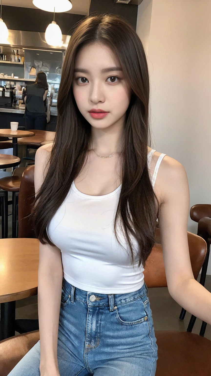 (Realistically, High resolution:1.3), Girl with perfect body, Very beautiful face and eyes,Long white hair, Random color tank top:1.2, Short Jeans Pants, At the cafe, Coffee on the table, Huge ,